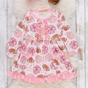 NWT Marie Nicole Girls Size 5 Pink Patterned Football Cheer Long Sleeve Dress